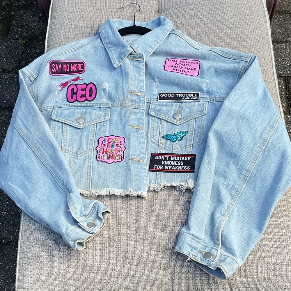 Hayden Denim Jacket with Patches, Size Large